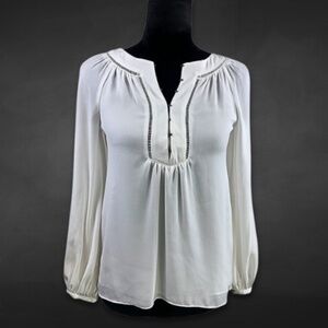 White House Black Market Blouse Balloon Sleeves Embroidered Trim Chiffon Ivory S